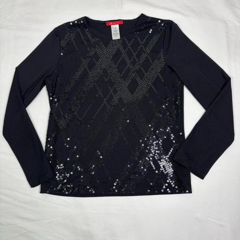 Anne Klein Black Sequin Long Sleeve Top with Silver Sequin Diamond Pattern